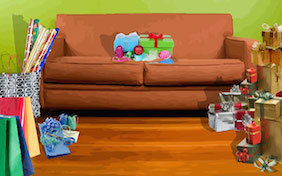Living room couch wrapping birthday christmas presents paper ribbon inside