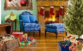 Holiday Christmas living room armchair fireplace decorations tree stockings