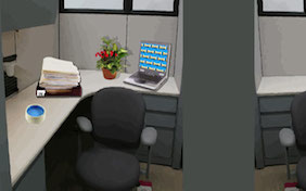 Office cubicle desk computer inside