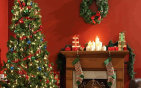 Christmas living room stockings tree lights decorations holidays seasons greetings